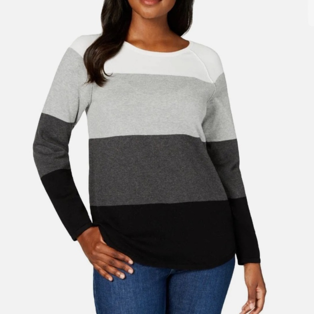 Karen Scott Women's Size 2x Cotton Colorblocked Pullover Sweater, Gray